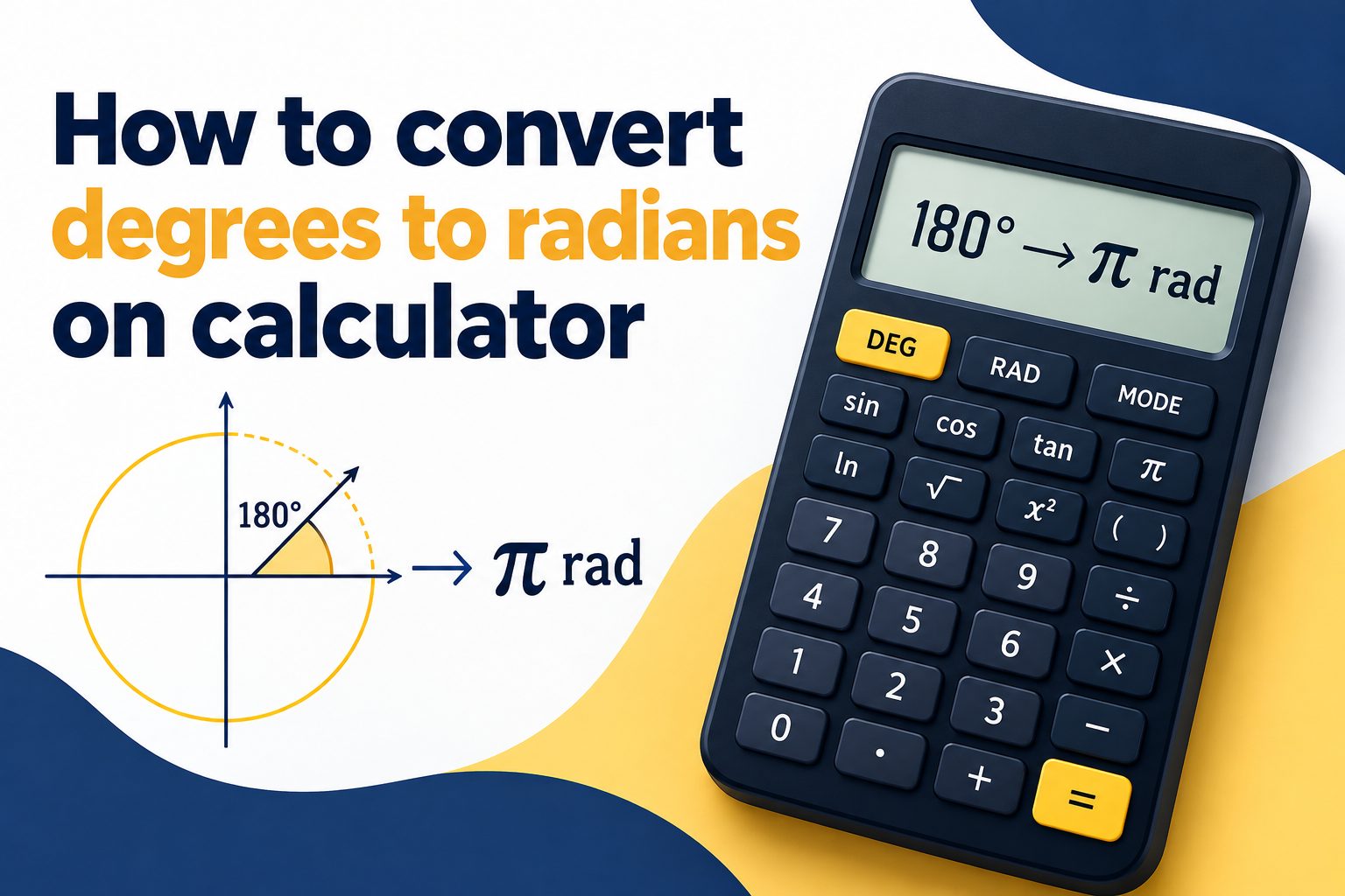 Calculator displaying a degree-to-radian conversion formula beside a handwritten math note